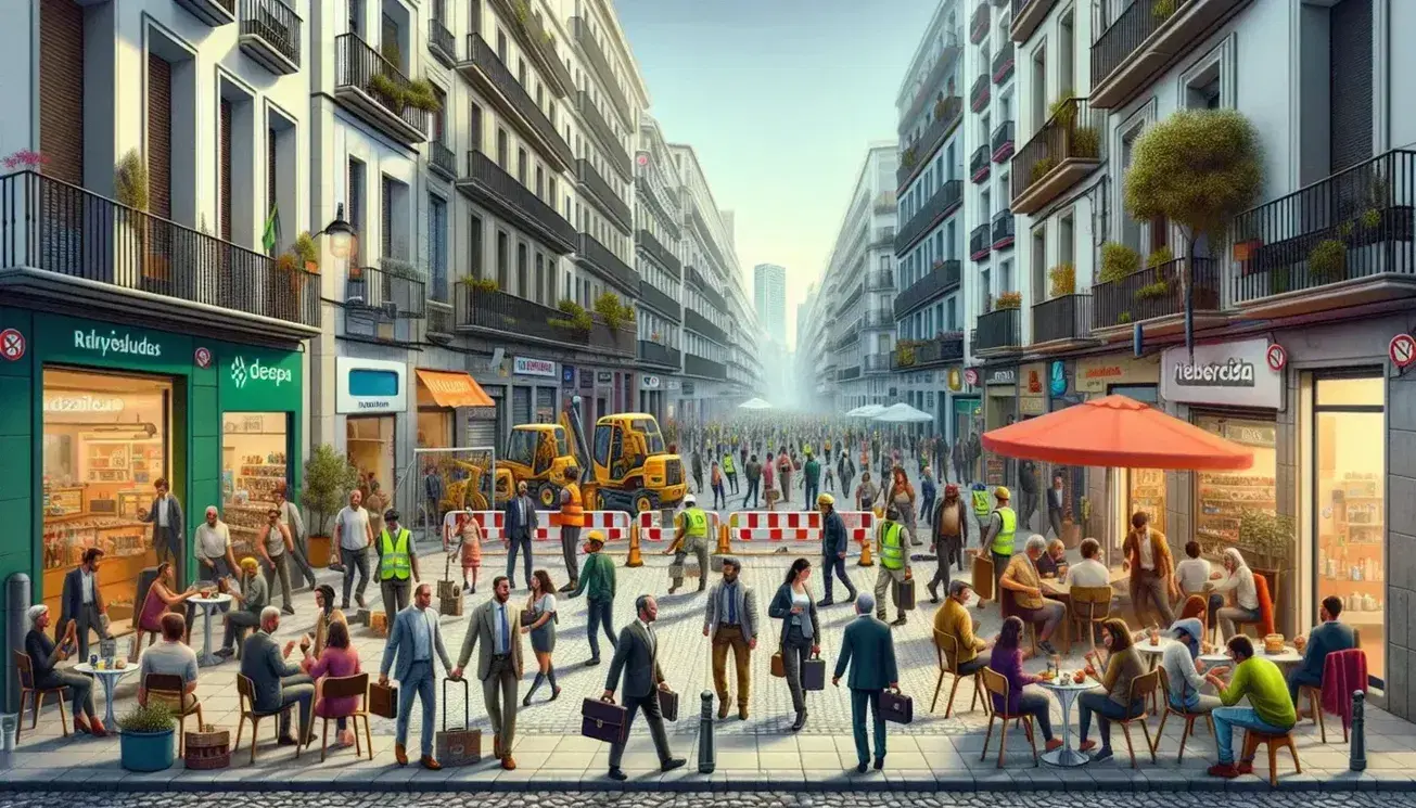 Bustling Spanish city street scene with diverse crowd, construction workers, outdoor cafes, and a blend of modern and classic architecture.