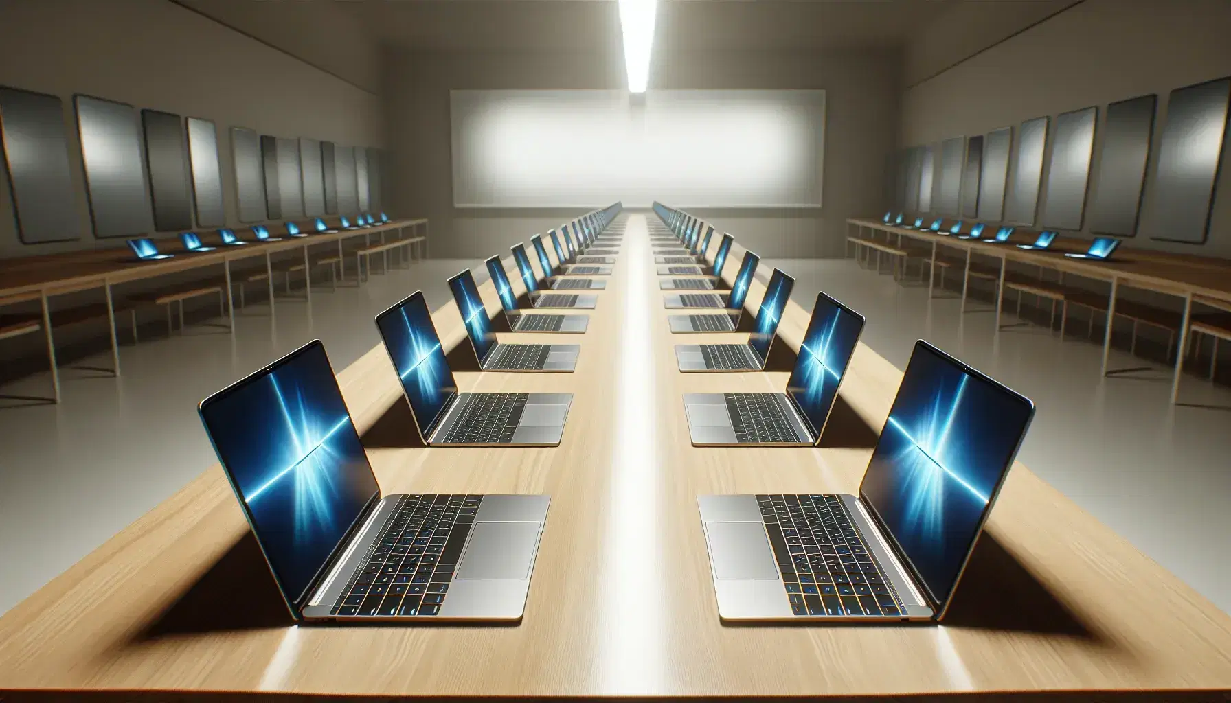 Laptops modernas de color plateado alineadas en una mesa de madera clara en una sala iluminada con pizarra blanca al fondo, reflejando un entorno de trabajo o estudio organizado.
