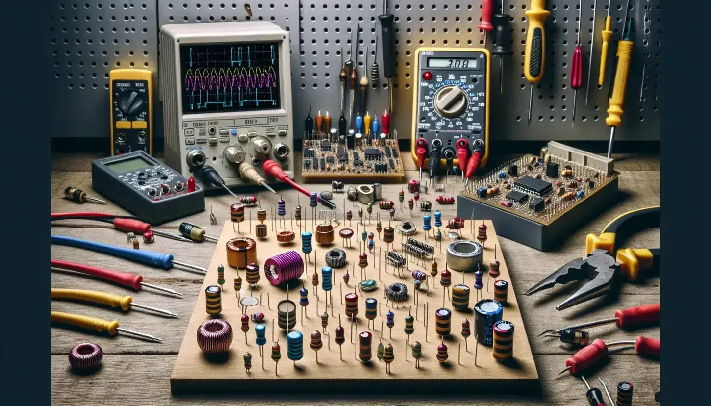 Banco di lavoro per elettronica con componenti vari, multimeter digitale, oscilloscopio e attrezzi appesi su pannello forato.