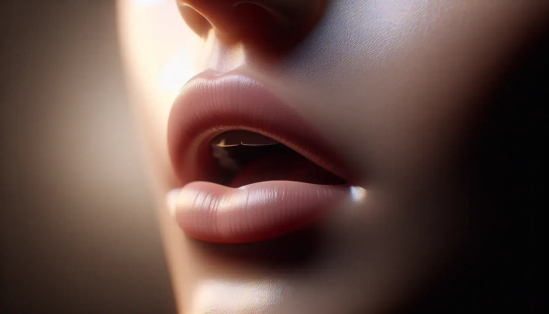 Close-up view of a human mouth slightly open with teeth partially visible, indicating vowel articulation against a soft-focus neutral background.