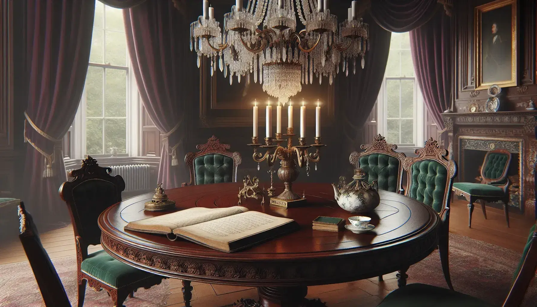 Victorian drawing room with mahogany table, green upholstered chairs, unlit chandelier, and pastoral oil paintings, reflecting a 'Middlemarch' setting.