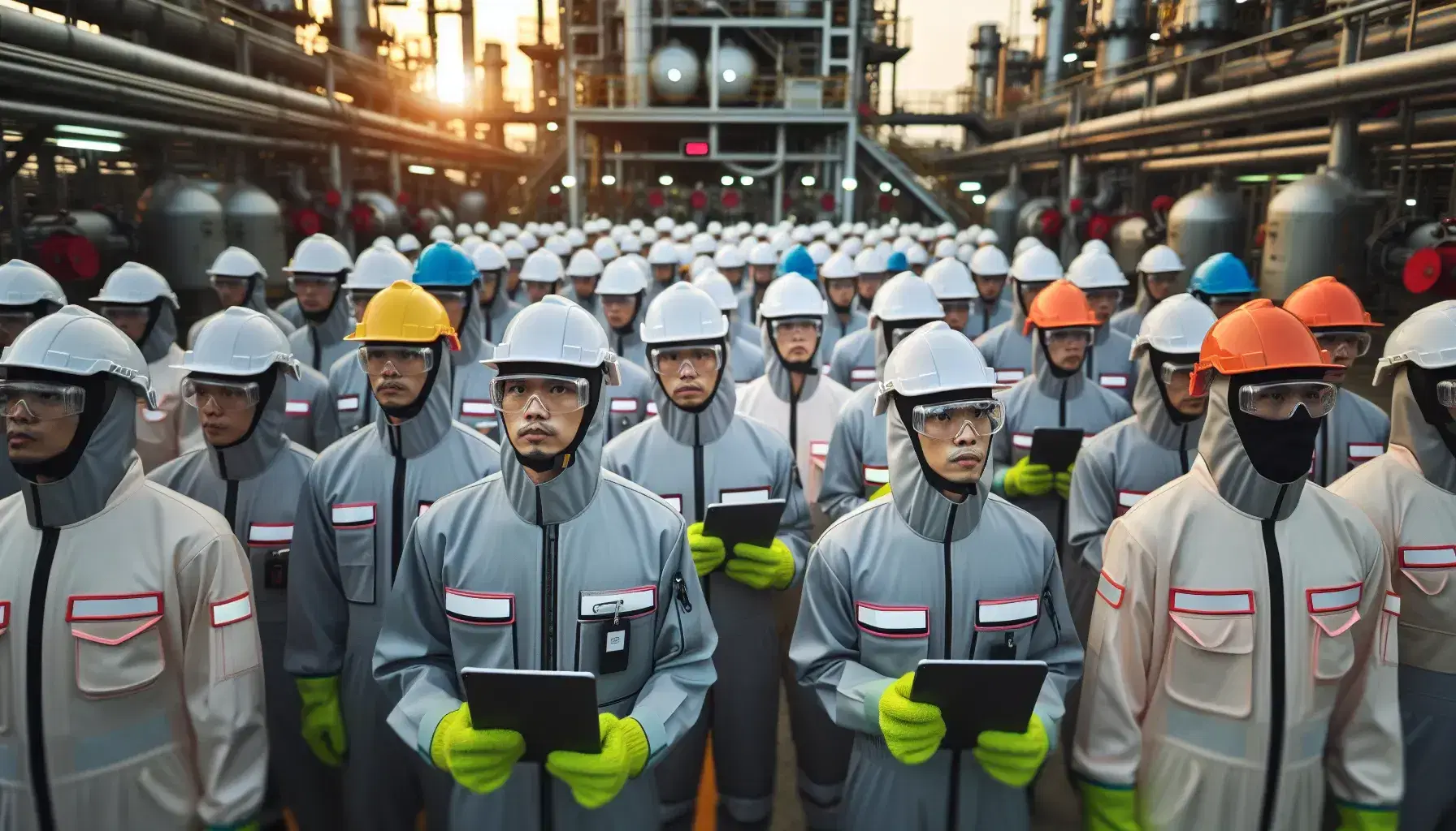 Grupo de profesionales en equipo de seguridad industrial observando maquinaria, con cascos y gafas de protección, sosteniendo tablets en un entorno con tuberías.
