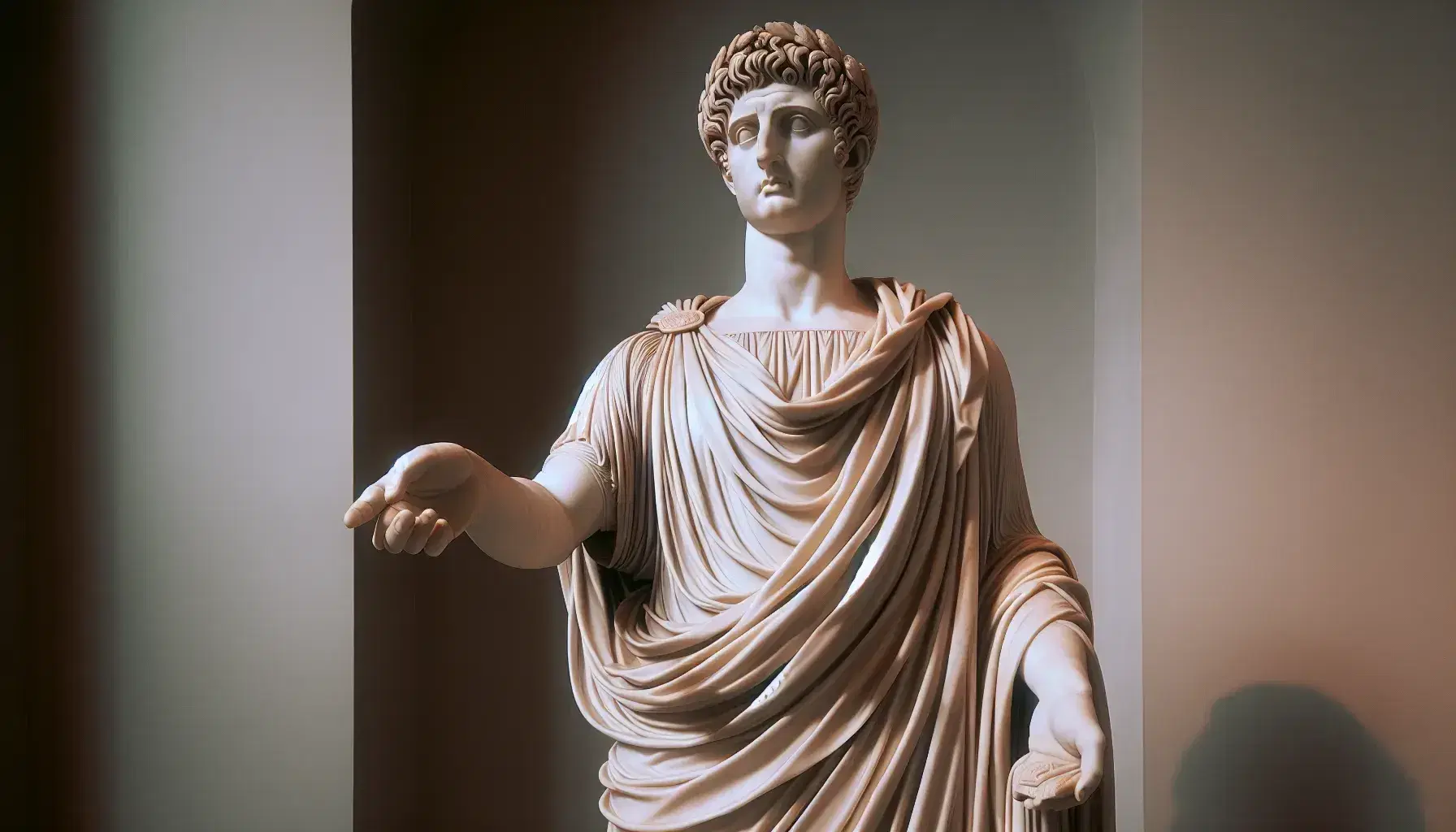 Statua in marmo bianco del primo imperatore romano in toga con fibula sulla spalla sinistra, mano destra alzata e sinistra con oggetto indistinto.