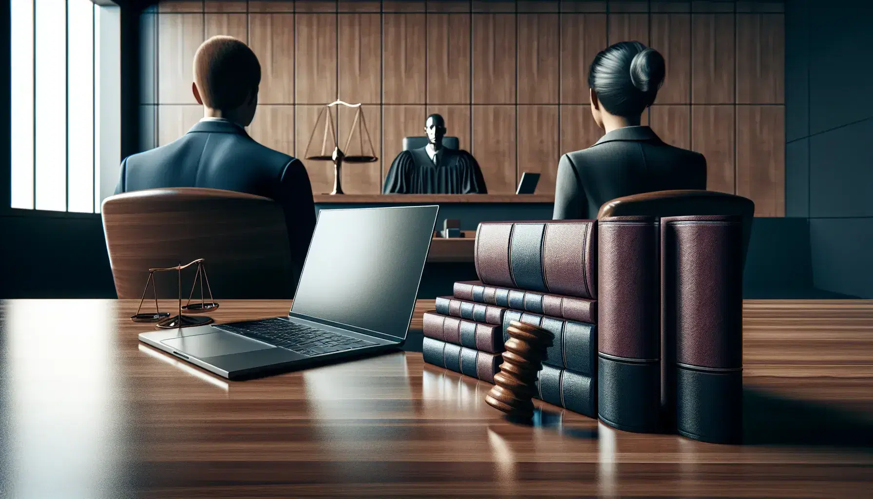 Modern courtroom with attorney's desk, legal books, laptop, and two professionals seated facing the judge's bench in a well-lit, formal setting.