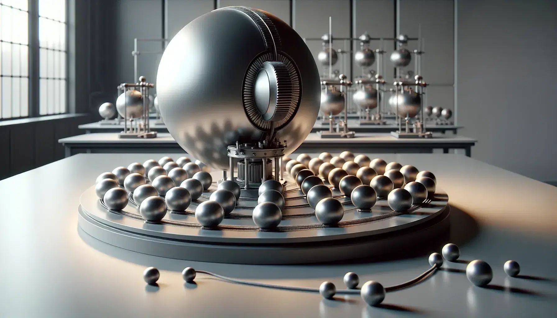 Van de Graaff generator on an insulating pedestal with conductive spheres and plastic sheets indicating equipotential lines in a laboratory setting.