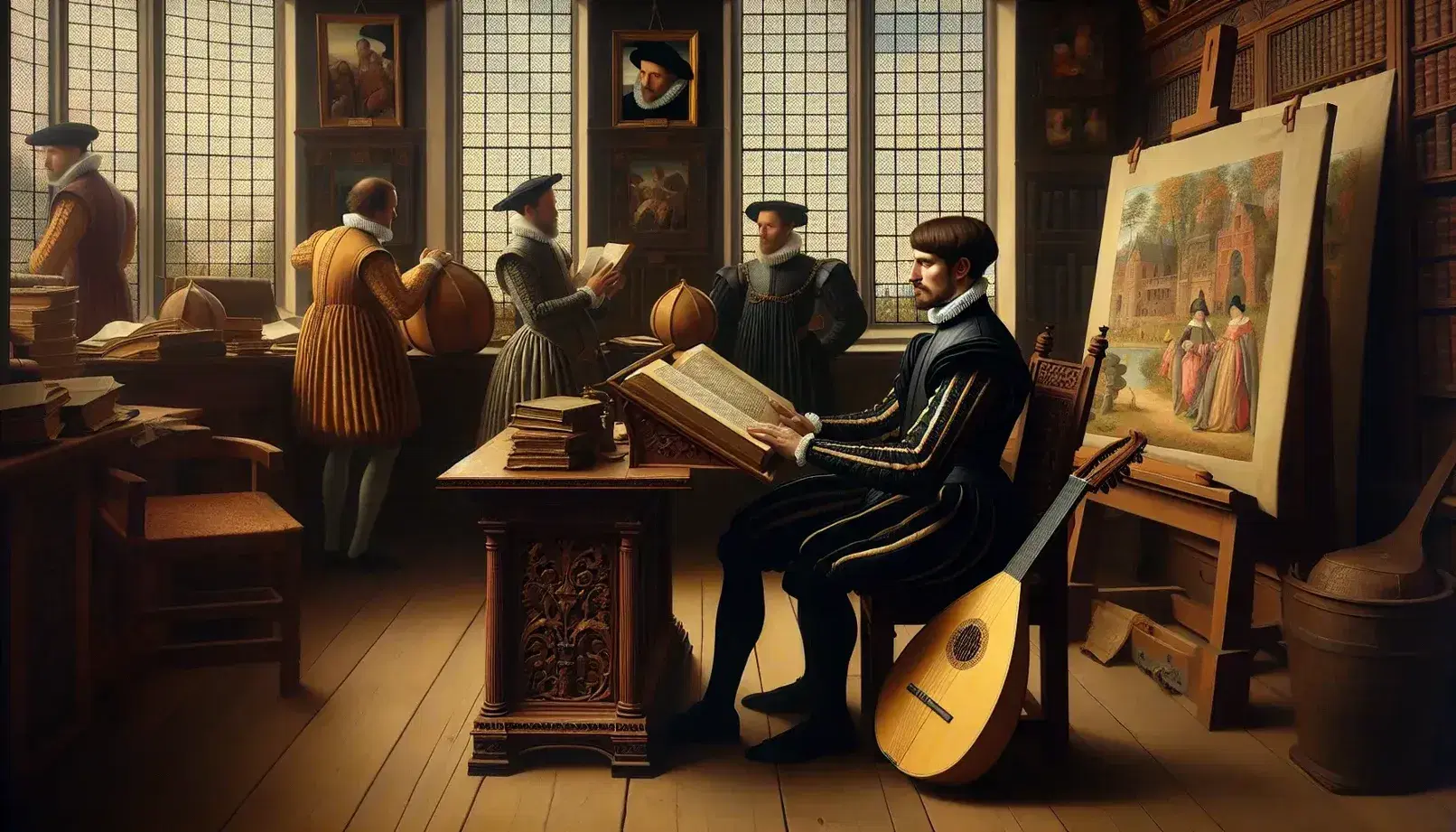 Renaissance scene with a man studying a book at a wooden desk, a lute beside him, two others conversing, and a landscape painting on an easel.