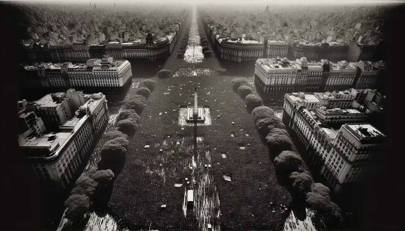 Vista aérea de la Plaza de Mayo en Buenos Aires repleta de manifestantes durante un evento histórico, con edificios emblemáticos alrededor y sombras alargadas por la tarde.