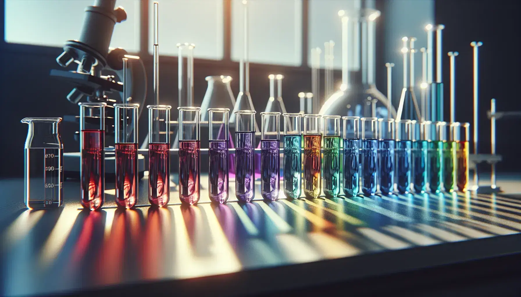 Provette in vetro trasparente allineate su banco da laboratorio con soluzioni colorate in sequenza arcobaleno, illuminate dalla luce naturale.