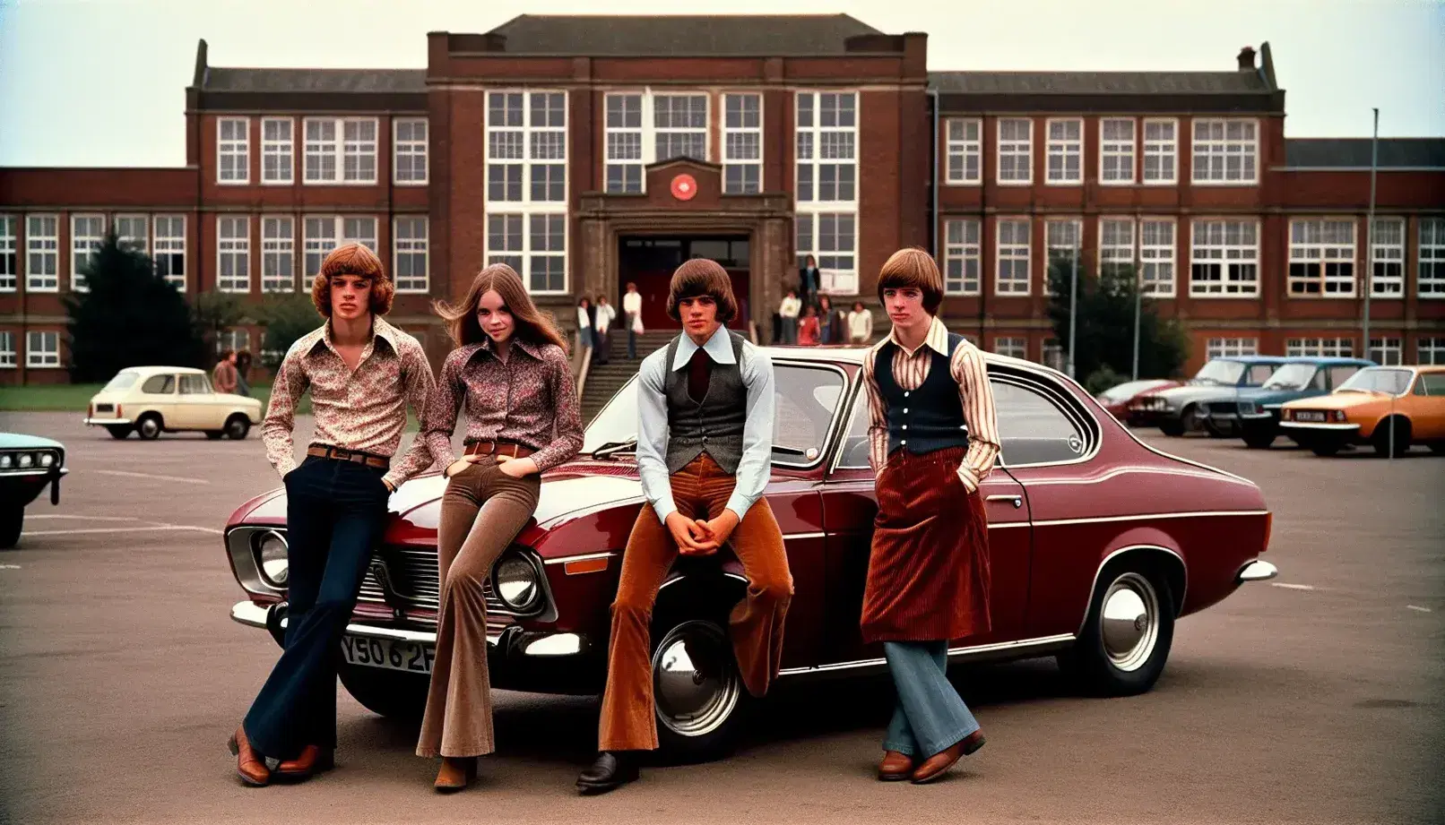 Four teenagers in 1970s fashion relax on a classic red British car at sunset, in front of a brick high school, embodying vintage youth culture.