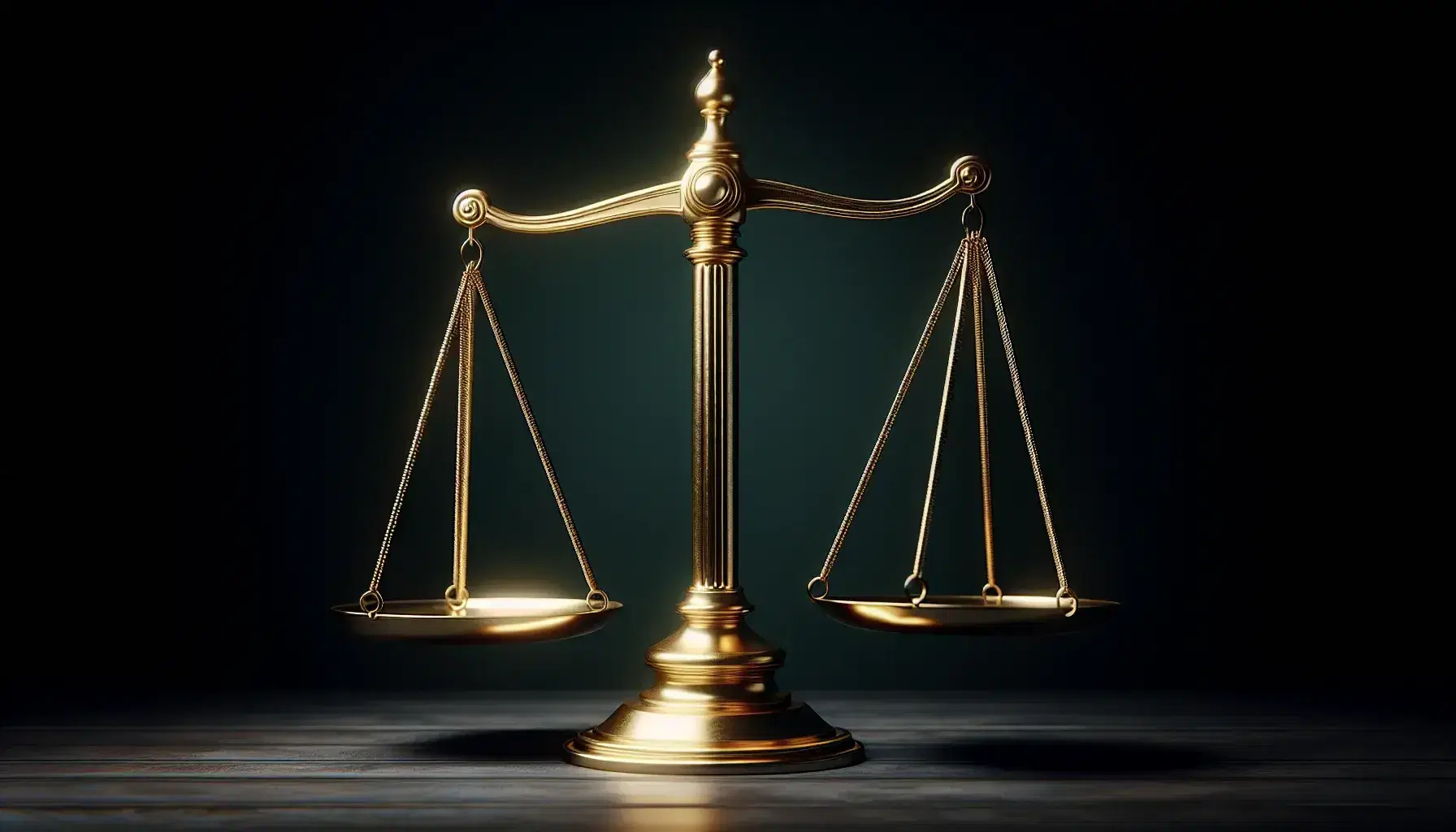 Balanza de la justicia dorada equilibrada sobre superficie de madera oscura, con fondo verde desenfocado que resalta su brillo metálico.