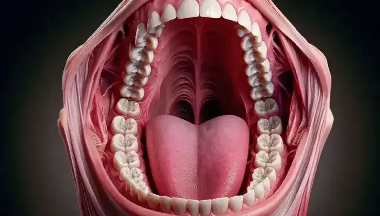 Cavità orale umana con denti allineati, gengive sane, lingua e palato, dettagli anatomici ben visibili.