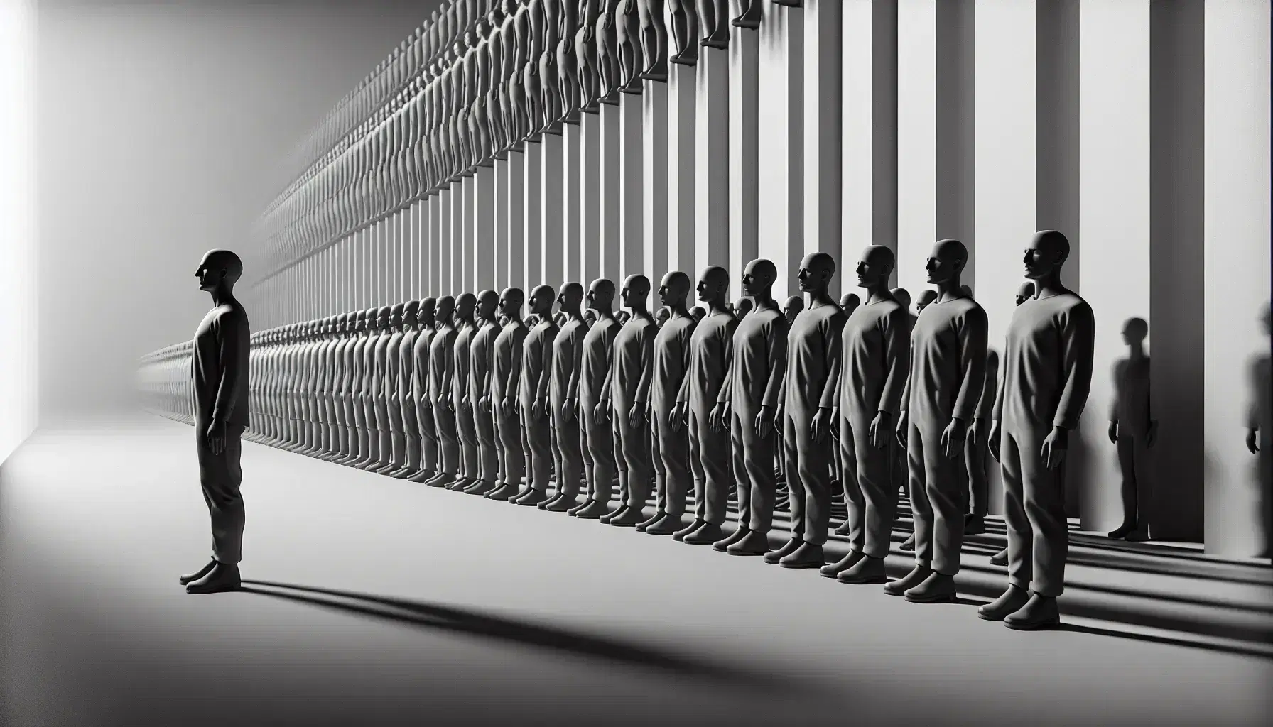 Figuras humanas en tonos grises y negros alineadas en filas, una resalta ligeramente adelante, simbolizando uniformidad y falta de individualidad.