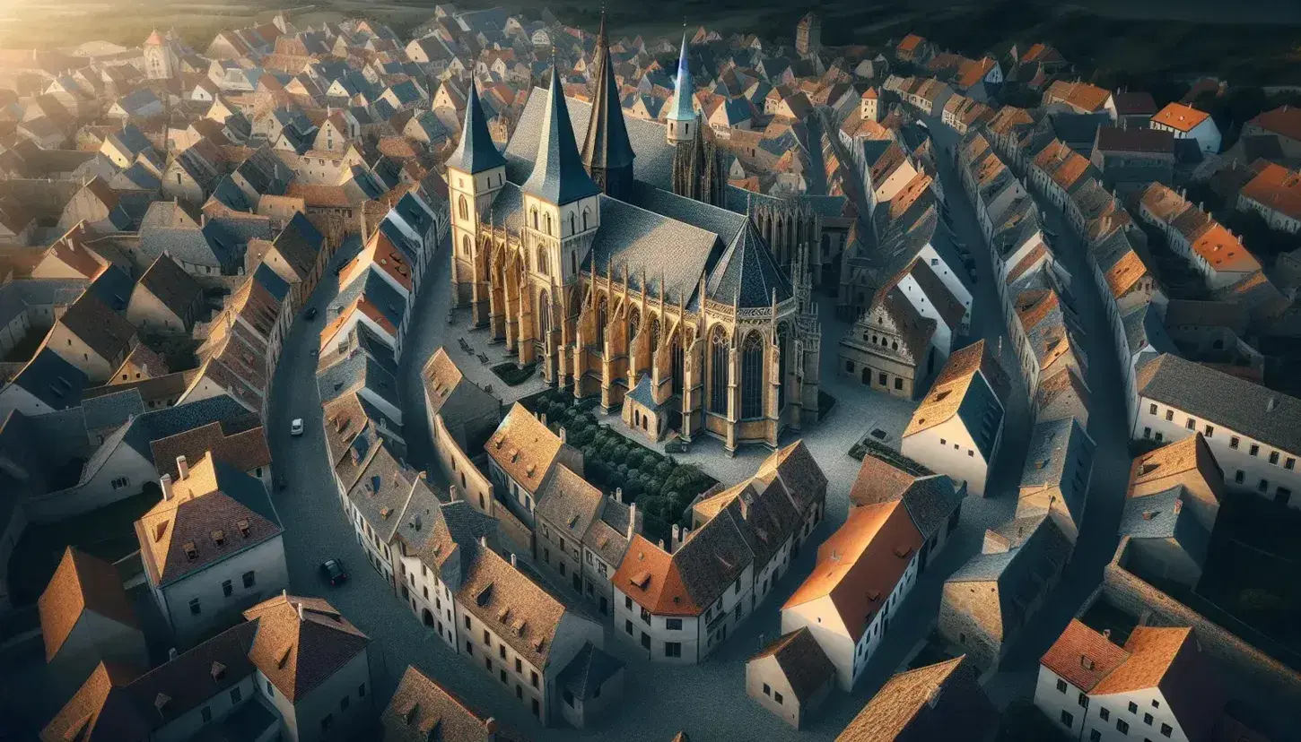 Veduta aerea di città medievale con cattedrale gotica, strade acciottolate e mura con torri, in luce pomeridiana.