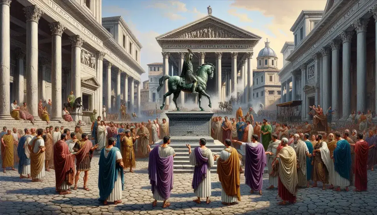 Scena vivace di un foro romano repubblicano con statua equestre in bronzo, cittadini in toga, senato in discussione e altare con incenso.