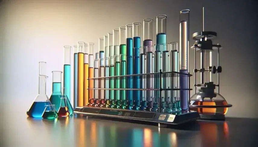 Serie di provette in vetro trasparente con sostanze colorate in ordine crescente e bilancia analitica di precisione su sfondo neutro.