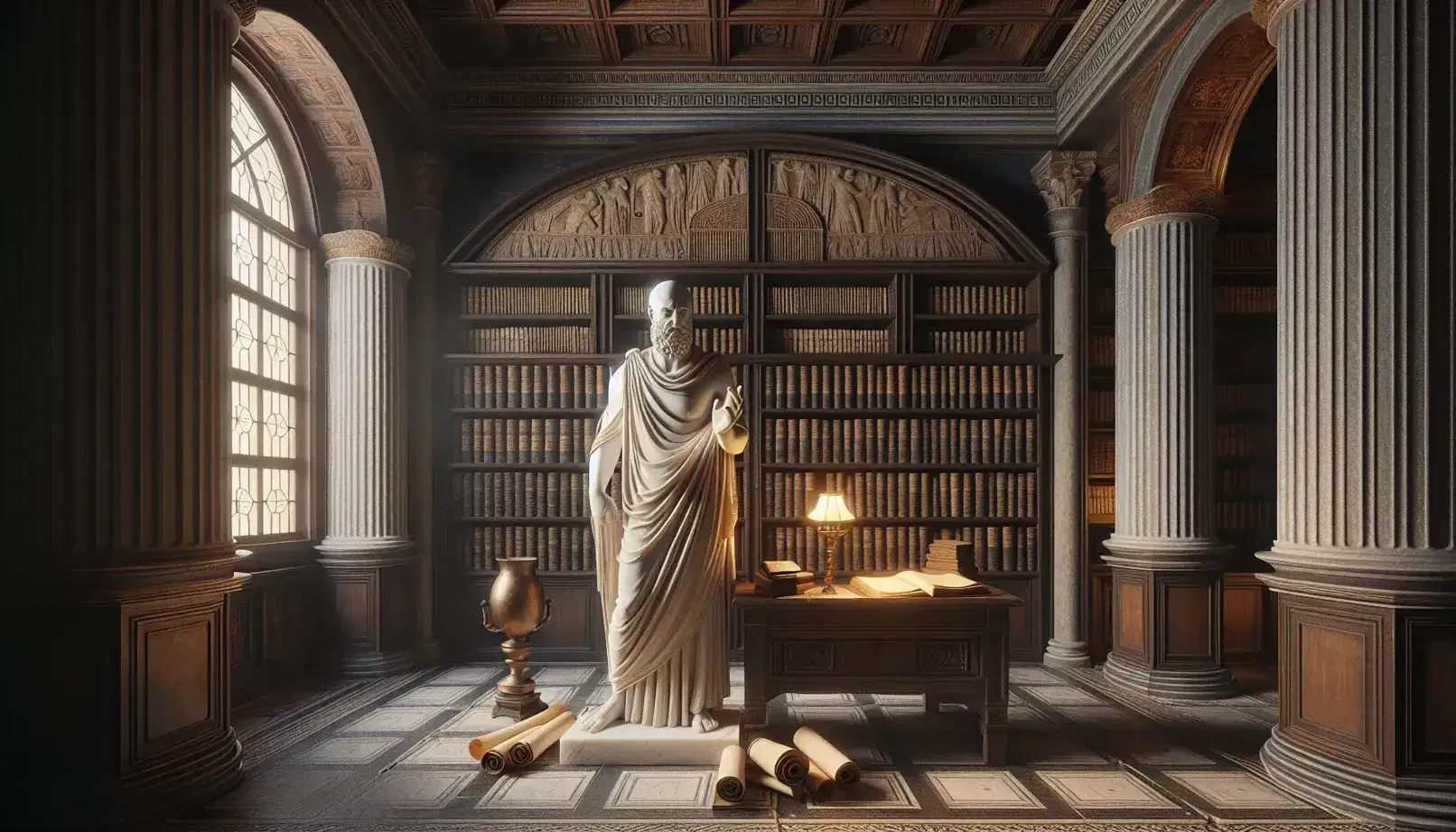 Biblioteca greca antica con statua di marmo di Zeno di Citium, scaffali di pergamene, tavolo con oggetti scrittura e pianta di alloro.