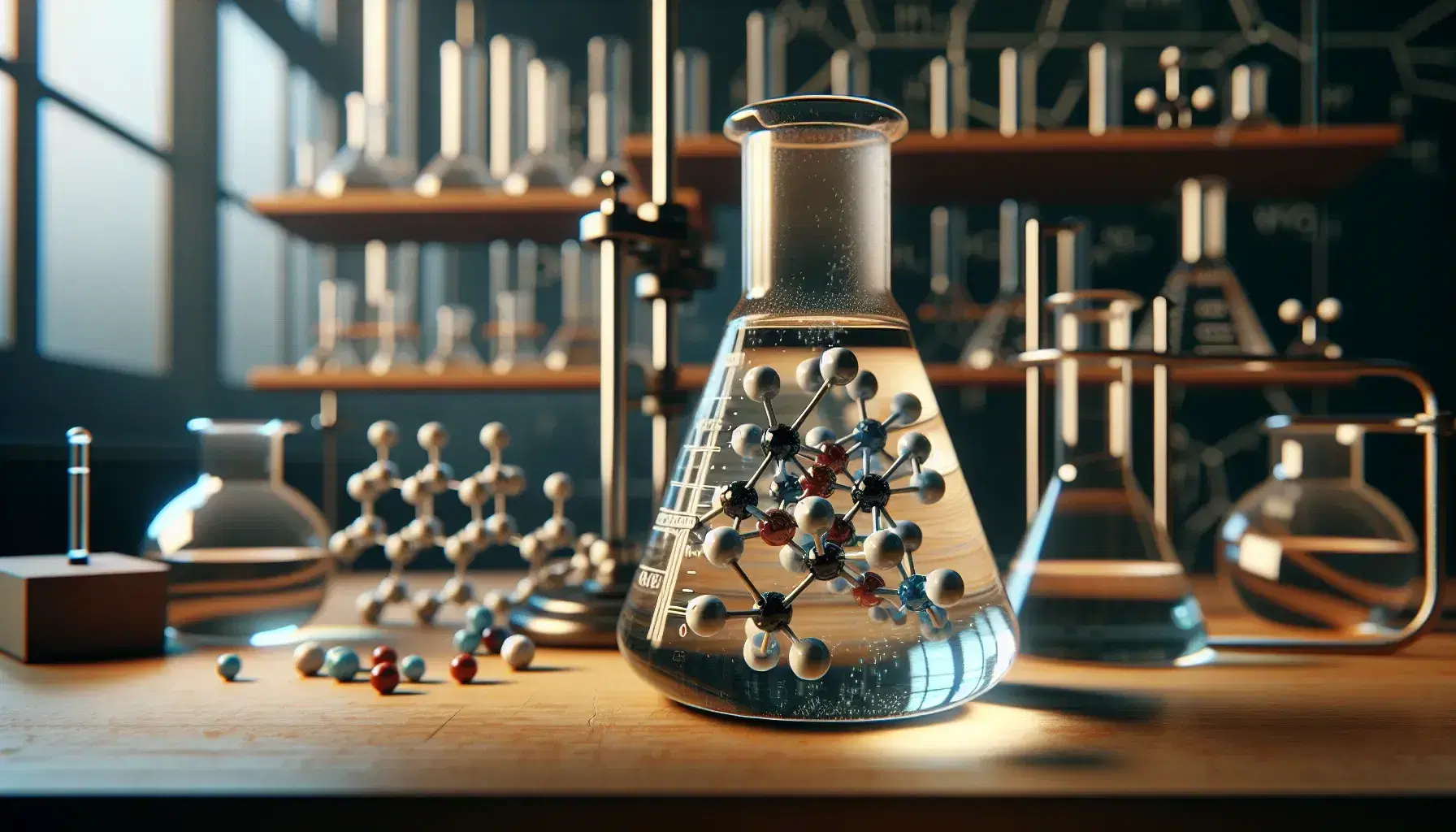 Three-dimensional molecular model suspended in amber liquid inside a glass flask on laboratory bench with blurry equipment background.