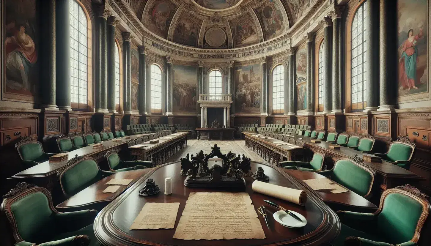 Sala storica italiana con tavolo ovale in legno, sedie in velluto verde, carte antiche, penne stilografiche e statua marmorea di uomo in toga.