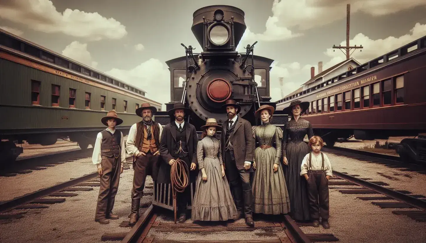 Grupo de cinco personas vestidas al estilo del siglo XX frente a locomotora de vapor estacionada, con cielo despejado y edificios coloniales al fondo.