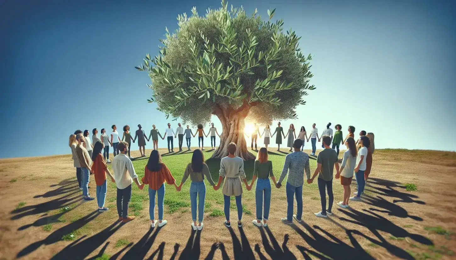 Diverse group linking hands in a circle around an olive tree, symbolizing peace, under a clear blue sky on a grassy field.