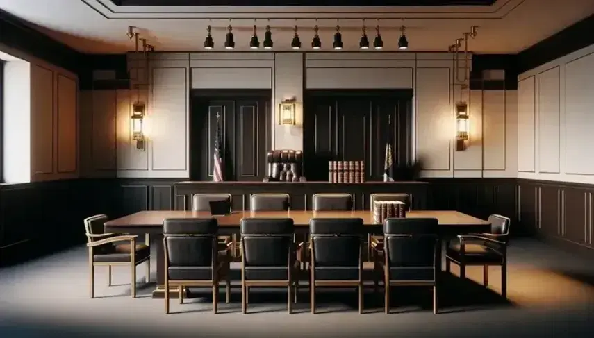 Sala de tribunal vacía con mesa de madera oscura, sillas de cuero negro, estrado con silla de juez tallada, bandera nacional y sin ventanas.