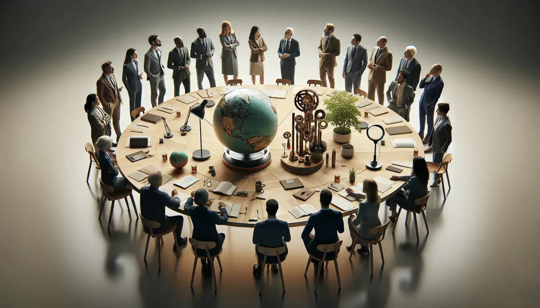 Grupo diverso de profesionales en reunión alrededor de una mesa redonda con un engranaje, una lupa, un globo terráqueo y una planta, en un ambiente de colaboración.