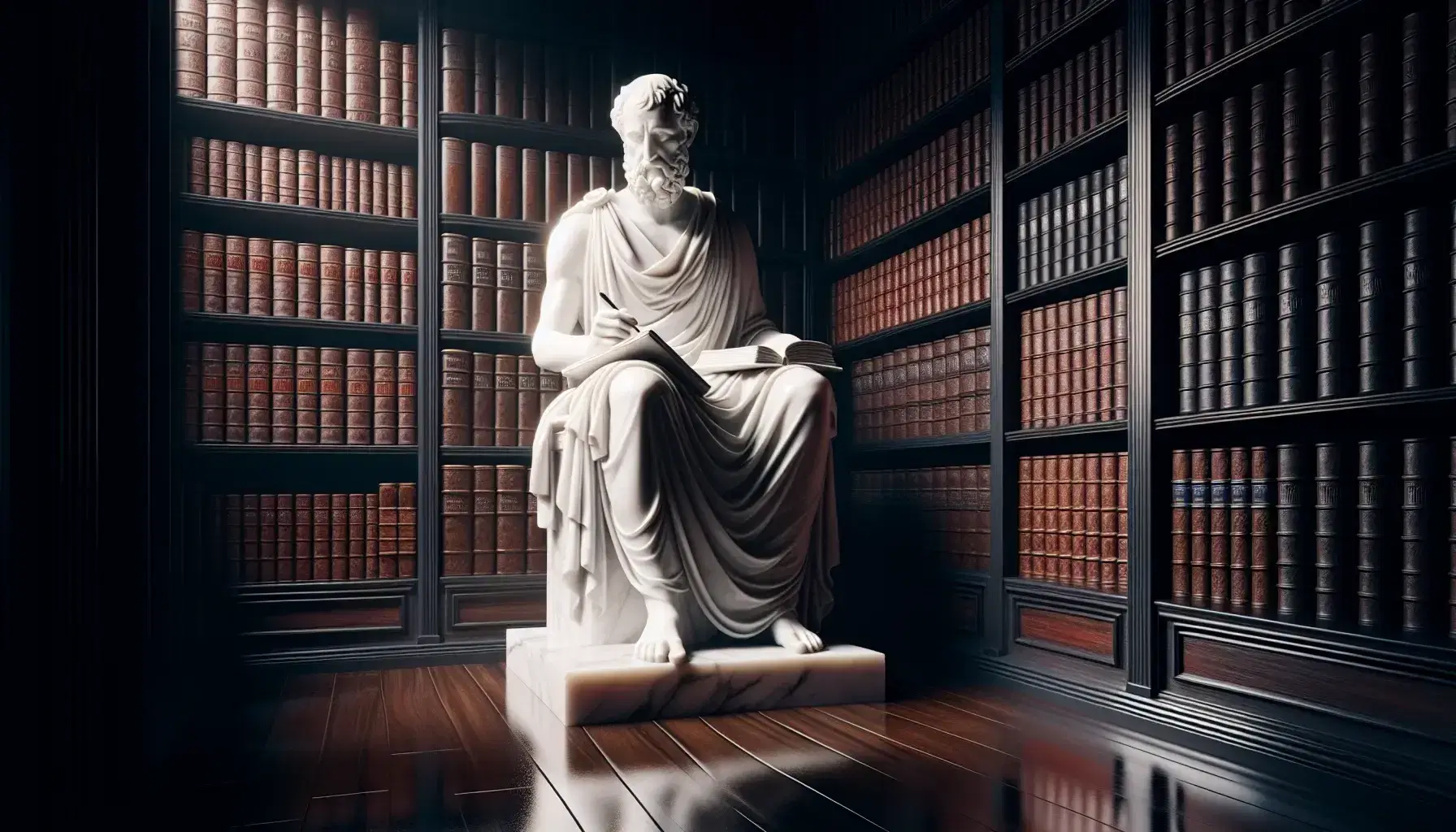Statua in marmo bianco di filosofo seduto con penna e libro su sfondo di libreria in legno scuro e pavimento riflettente.