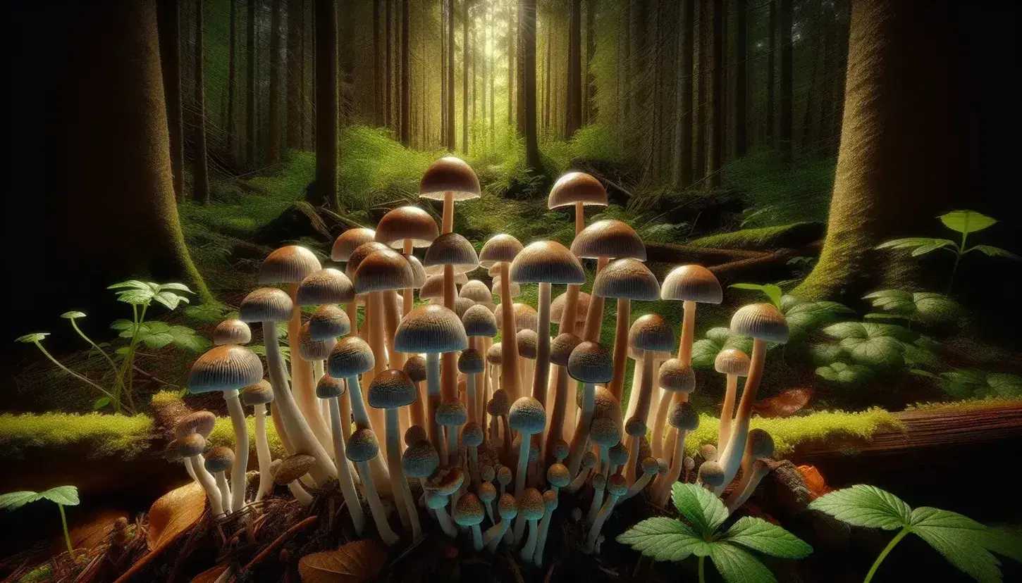 Hongos psilocibinos de distintos tamaños creciendo en su hábitat natural con un fondo de bosque verde y luz solar filtrándose.