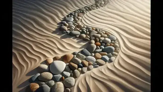 Piedras de río de diversos tamaños y colores formando un sendero sinuoso sobre arena clara, con sombras que añaden profundidad.