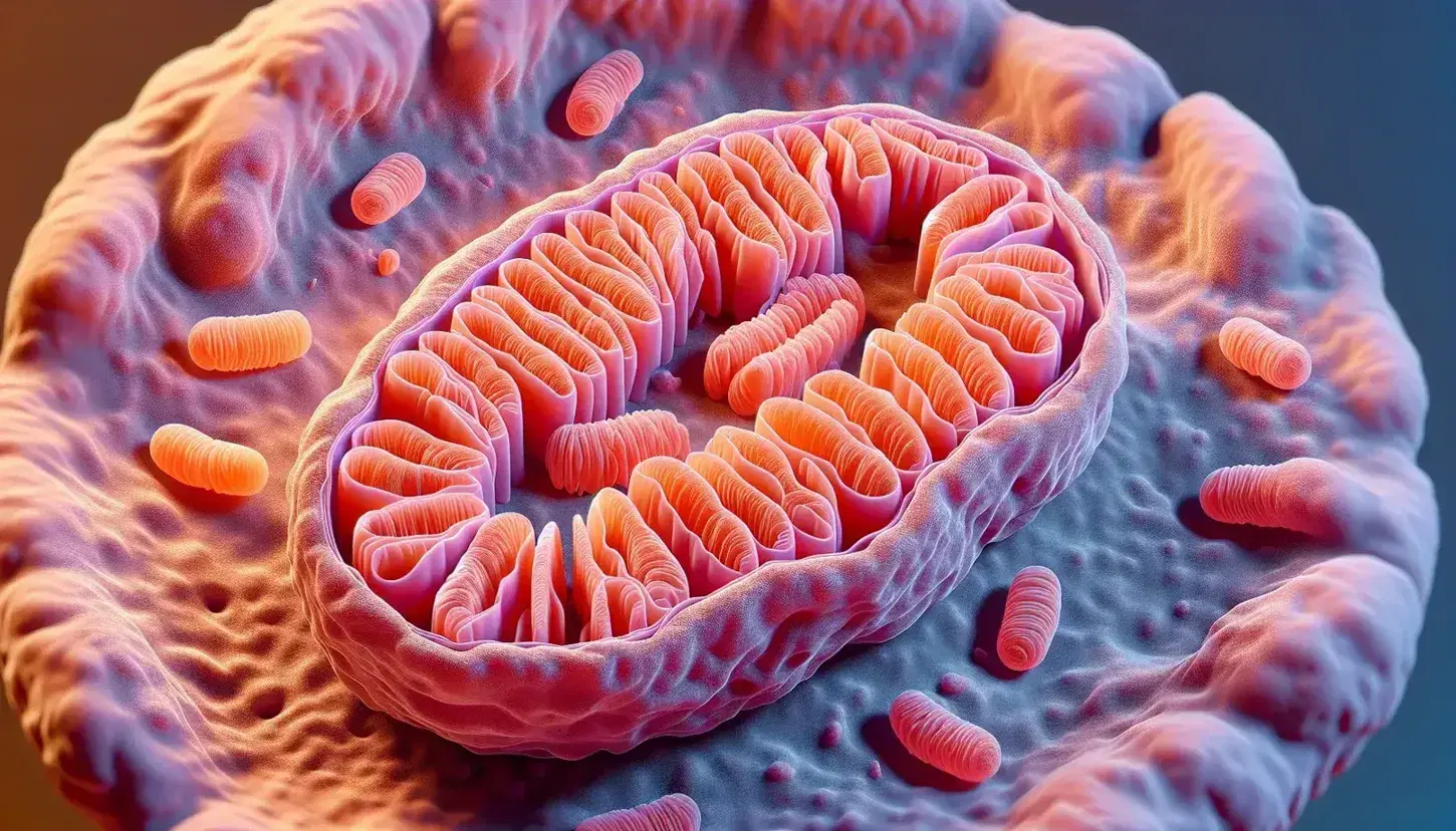 Close-up of a group of mitochondria in a human cell, with pink and orange membranes and translucent cytoplasm, without text.