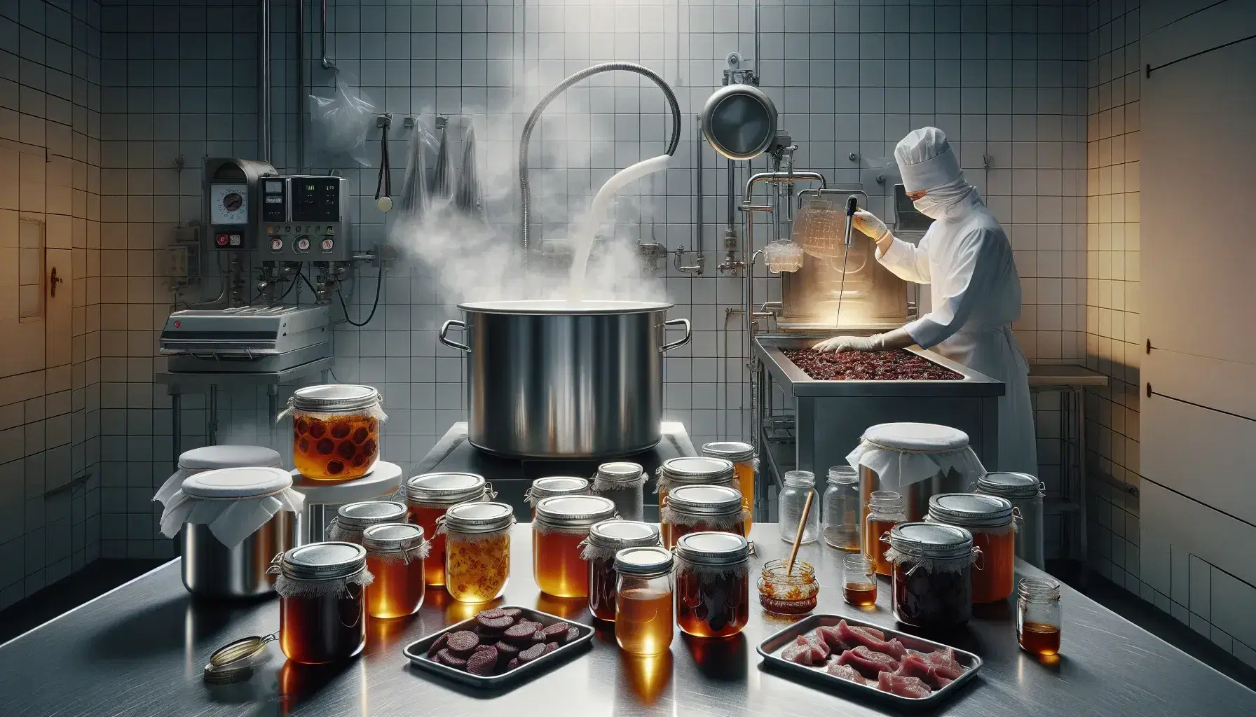 Cucina industriale con cuoco che controlla temperatura in pentola acciaio, vasetti di vetro con marmellata e affettati pronti per essiccazione.