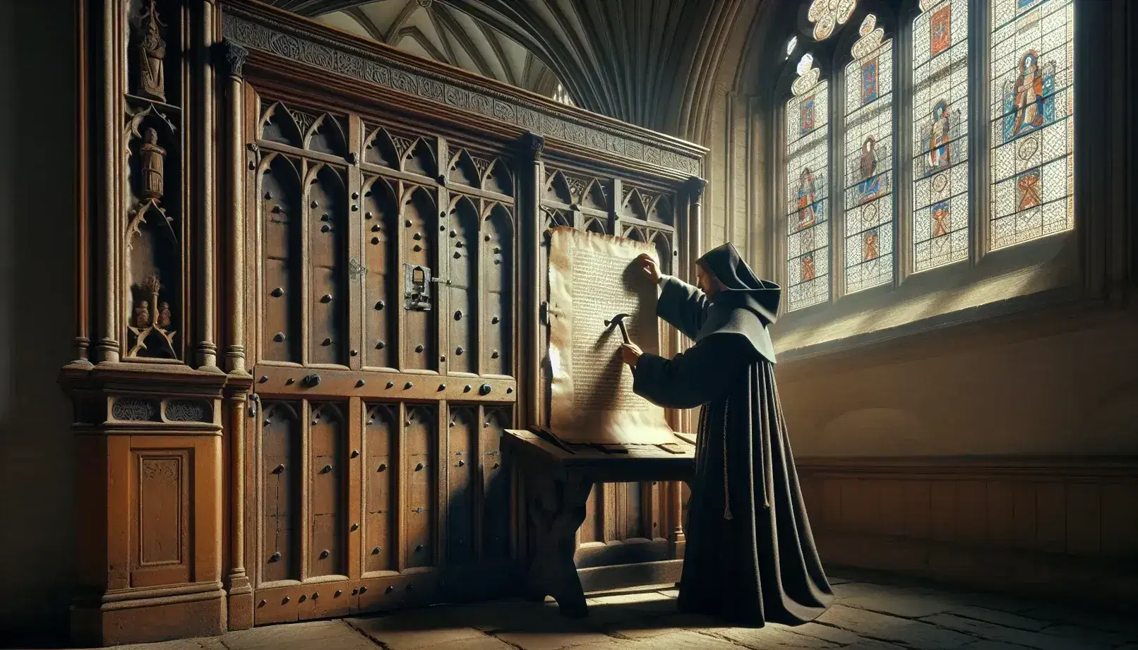 Scena storica in chiesa gotica con figura monastica che inchioda documento su porta lignea, tra archi a sesto acuto e vetrate colorate.