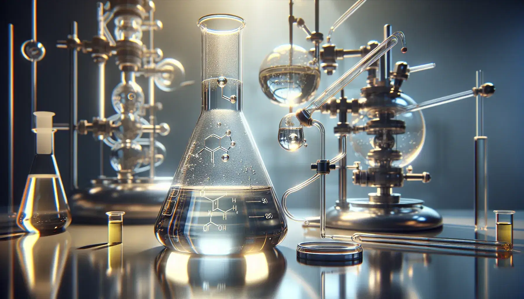 Glass flask on reflective laboratory bench with clear liquid and bubbles, dropper above and container with yellow liquid beside, distillation equipment in background.