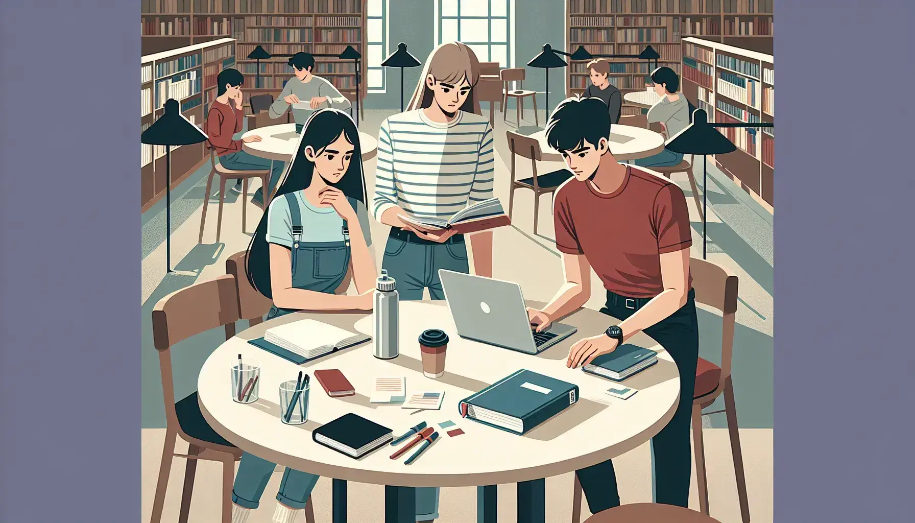 Estudiantes concentrados estudiando en biblioteca con libros, laptop, cuadernos y bebidas sobre mesa redonda.