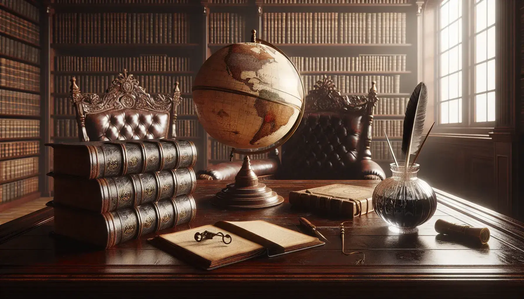 Biblioteca antica con tavolo in legno scuro, libri rilegati, calamaio con penna e mappamondo, sedie intagliate e scaffali pieni di volumi.
