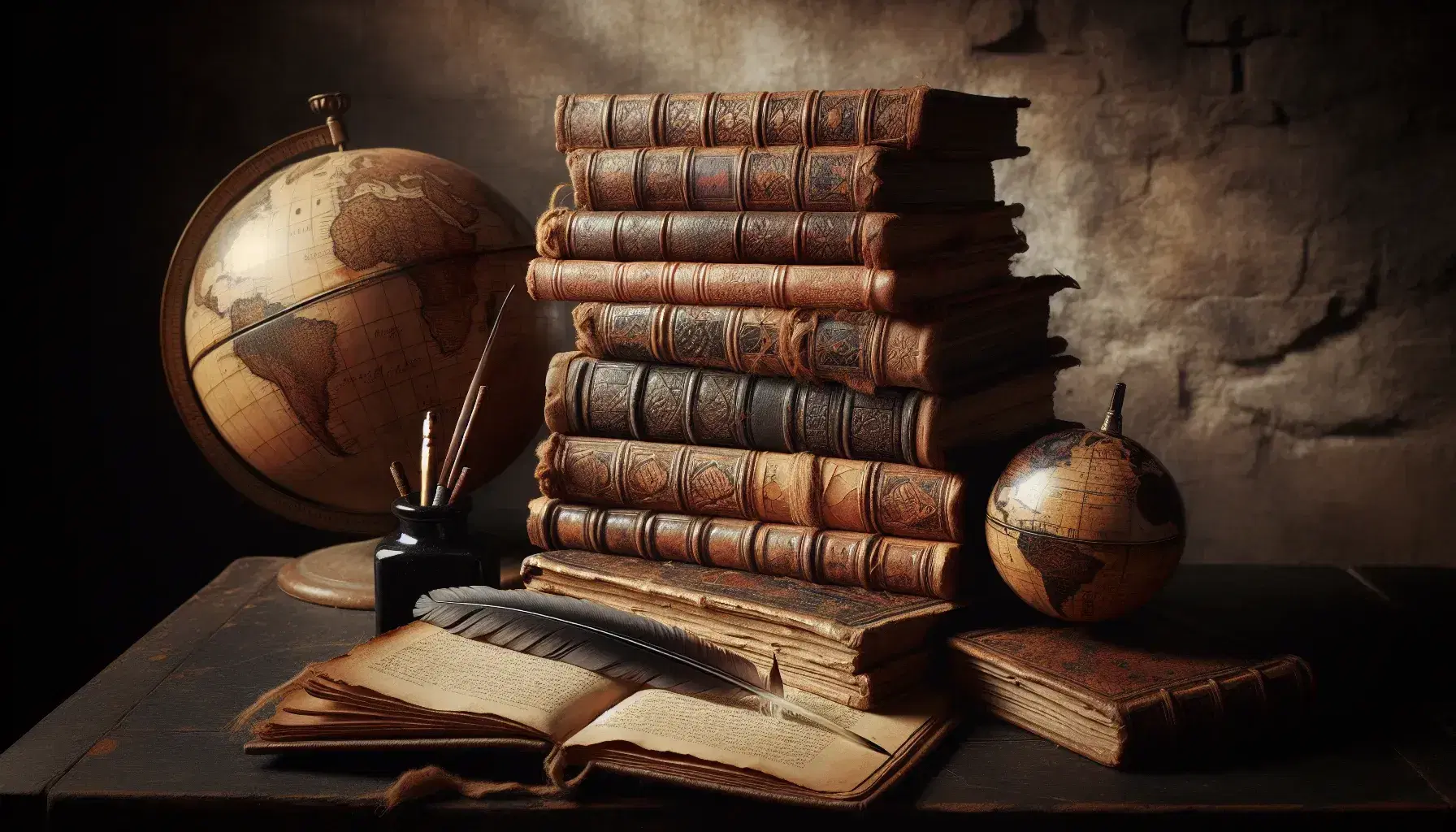 Colección de libros antiguos con tapas de cuero sobre mesa de madera oscura, globo terráqueo desgastado y pluma en tintero al lado.