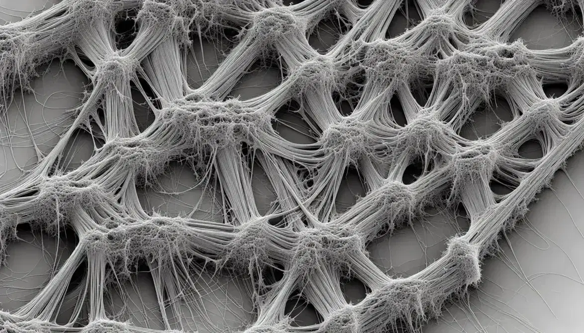 Microscopía electrónica de transmisión en escala de grises mostrando una red compleja de fibras entrelazadas de distintos grosores.