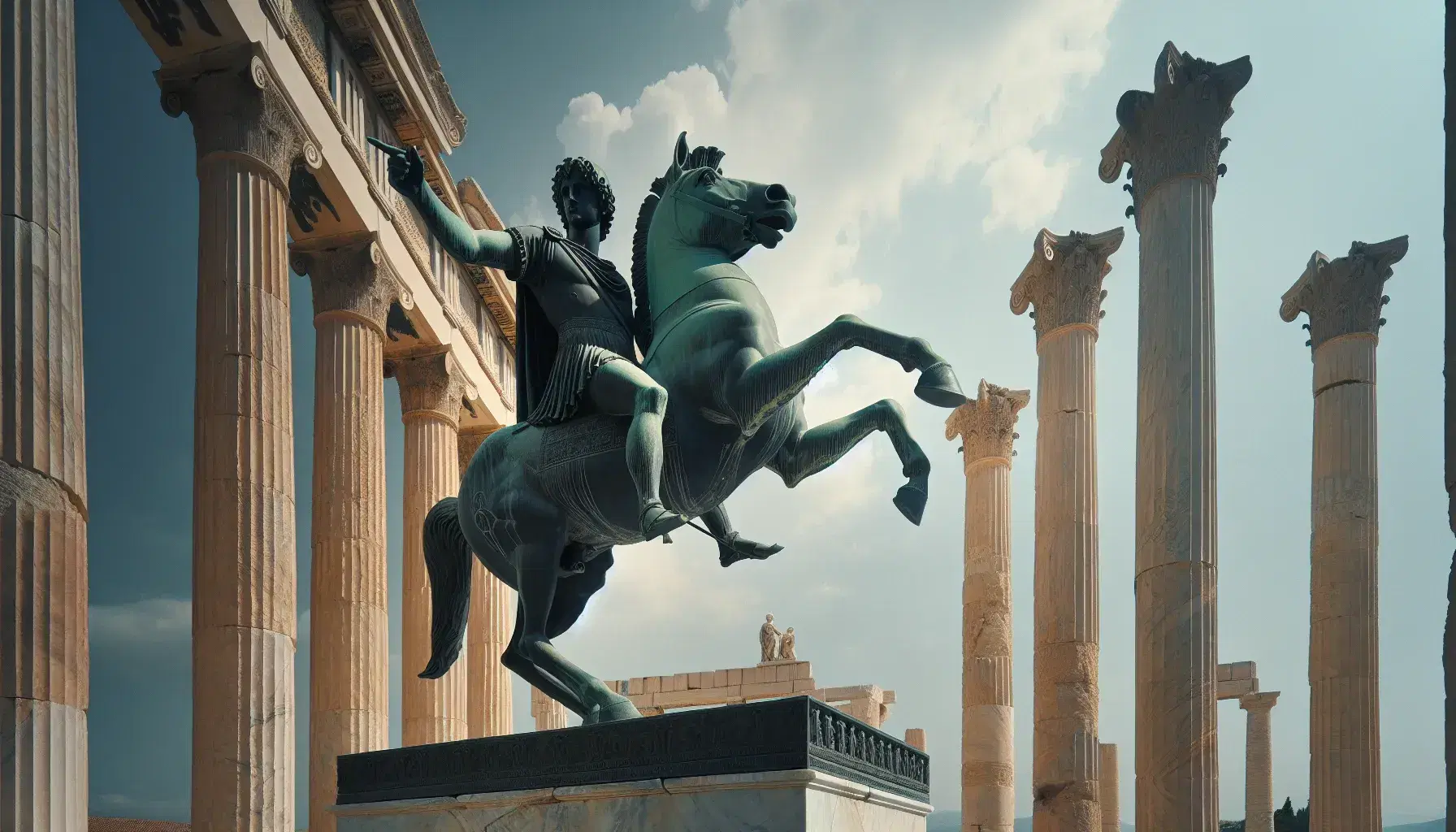 Estatua de bronce de Alejandro Magno a caballo señalando el horizonte, con patinas de oxidación, frente a columnas de mármol y cielo despejado.