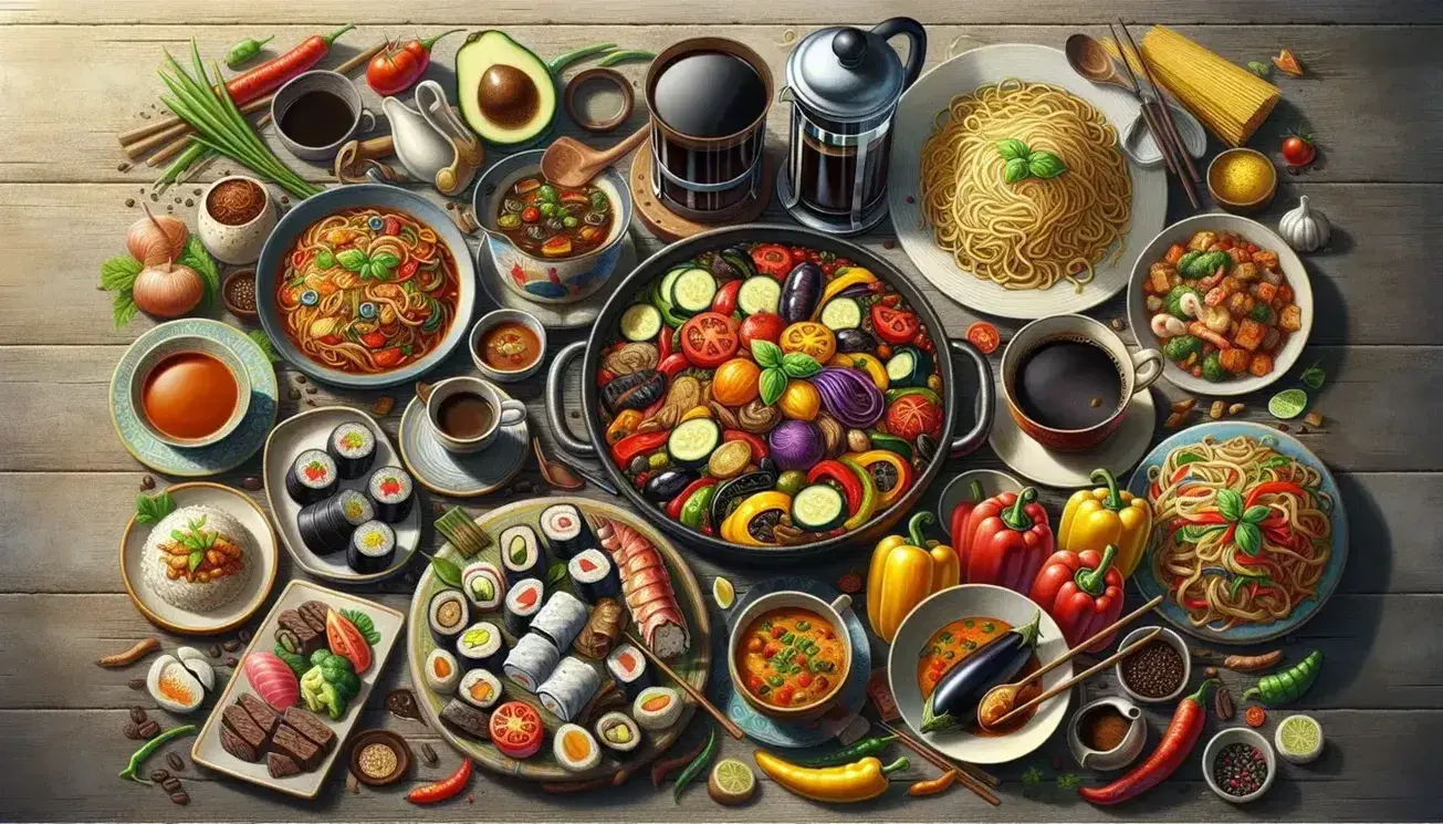 Diverse international cuisine on a wooden table featuring French ratatouille, Vietnamese pho, Italian carbonara, Japanese sushi, Indian curry, and fresh coffee.