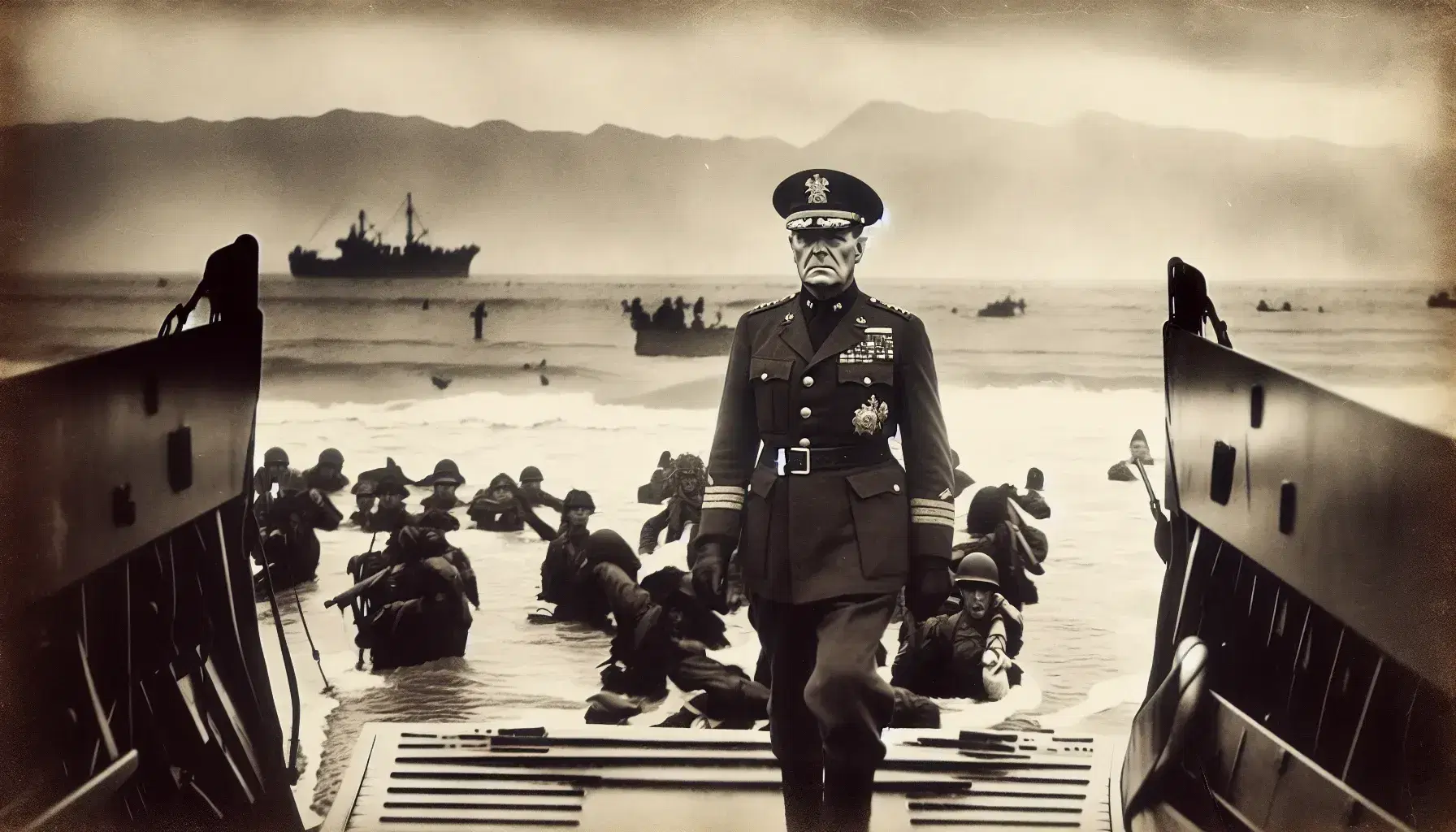 Vintage black and white photo of a stern-faced general landing on a beach with soldiers, amidst warships and overcast skies, evoking a historic battle.