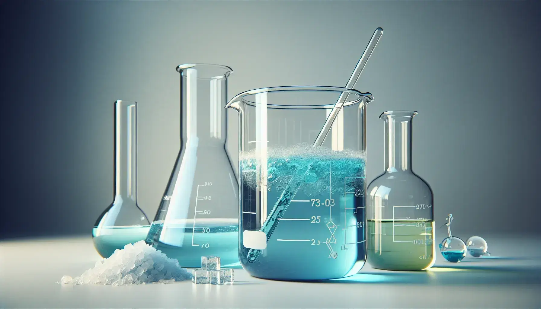 Glass beaker with transparent blue liquid and stirring rod on laboratory bench, next to white crystals and three flasks with colored liquids.