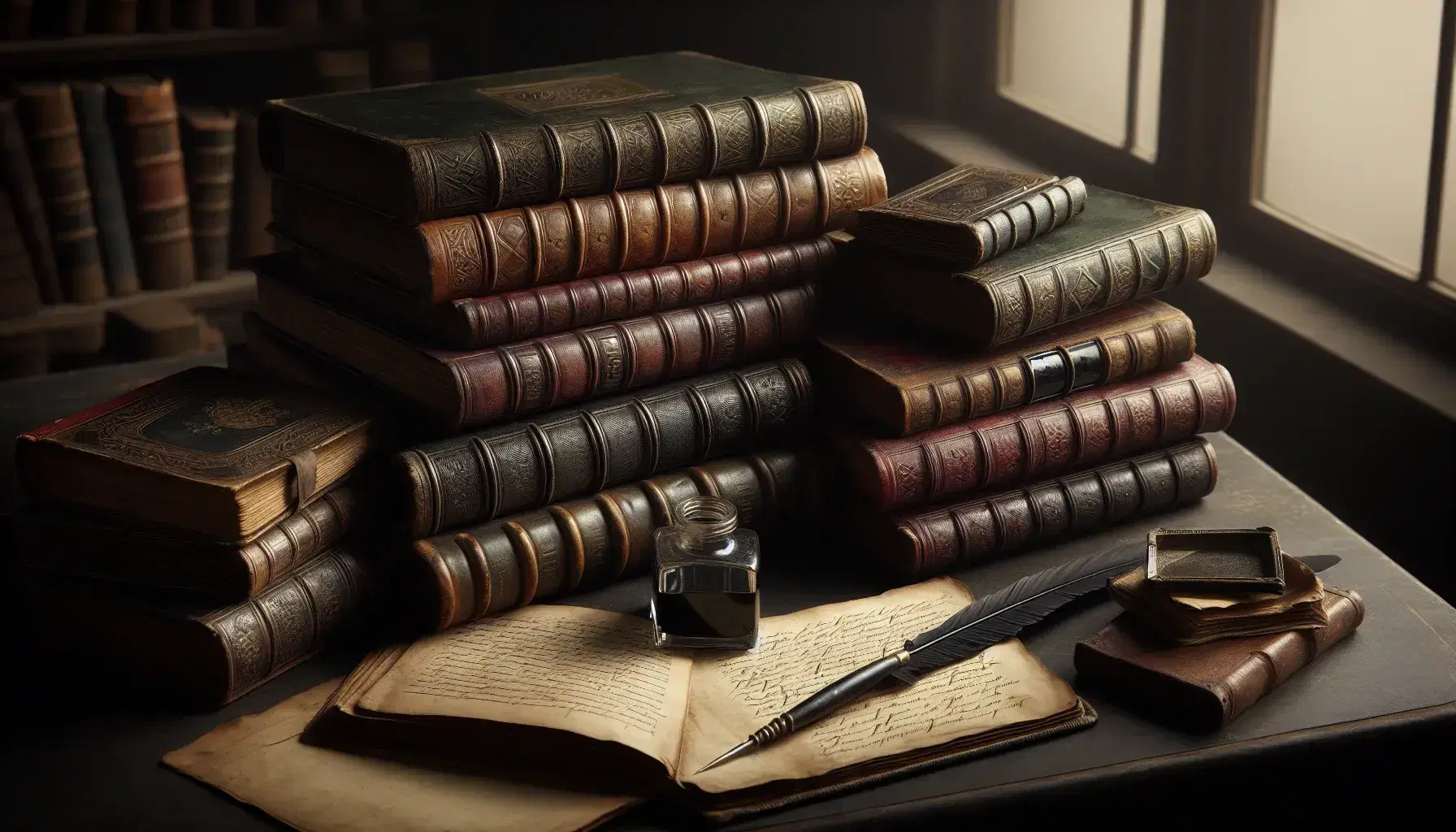Libri antichi impilati su tavolo in legno scuro con penna d'oca e calamaio di vetro, in ambiente dall'atmosfera storica e accogliente.