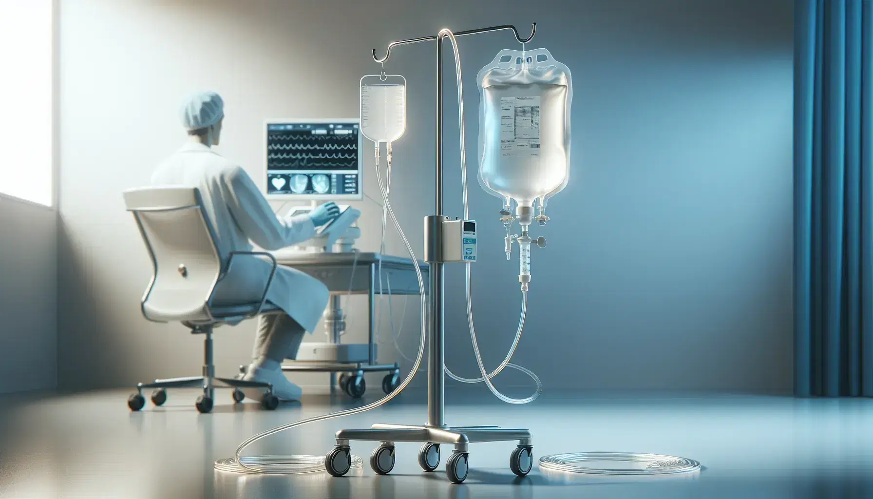 Bolsa de nutrición parenteral colgada en soporte metálico con tubo transparente en primer plano y profesional de la salud con guantes azules revisando equipo médico al fondo.