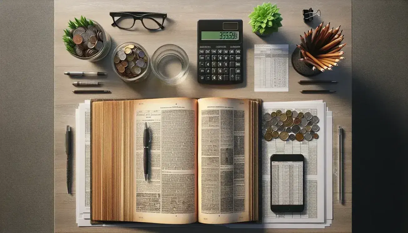 Organized office desk with open textbook, calculator, eyeglasses on paper, coin jar, potted plant, closed laptop, wireless mouse, and analog clock.