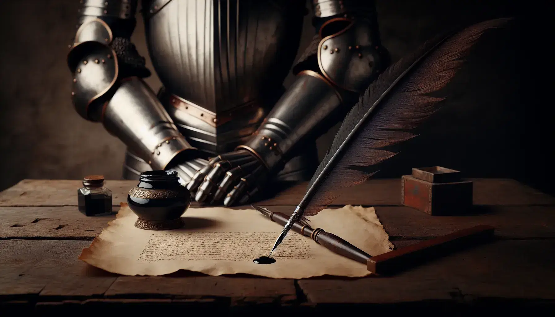 Quill with ink droplet on blank parchment, beside brass inkwell, on wooden table with out-of-focus suit of armor in the background.