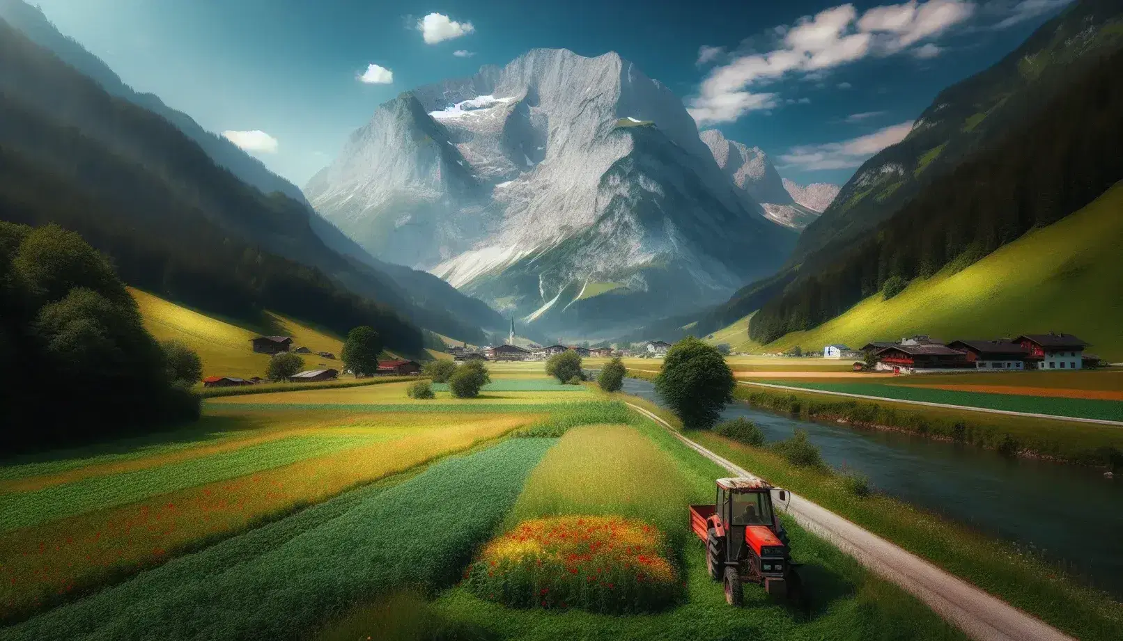 Paesaggio estivo delle Alpi Austriache con montagna innevata, campo coltivato con trattore rosso, fiume serpeggiante e insediamenti distanti.
