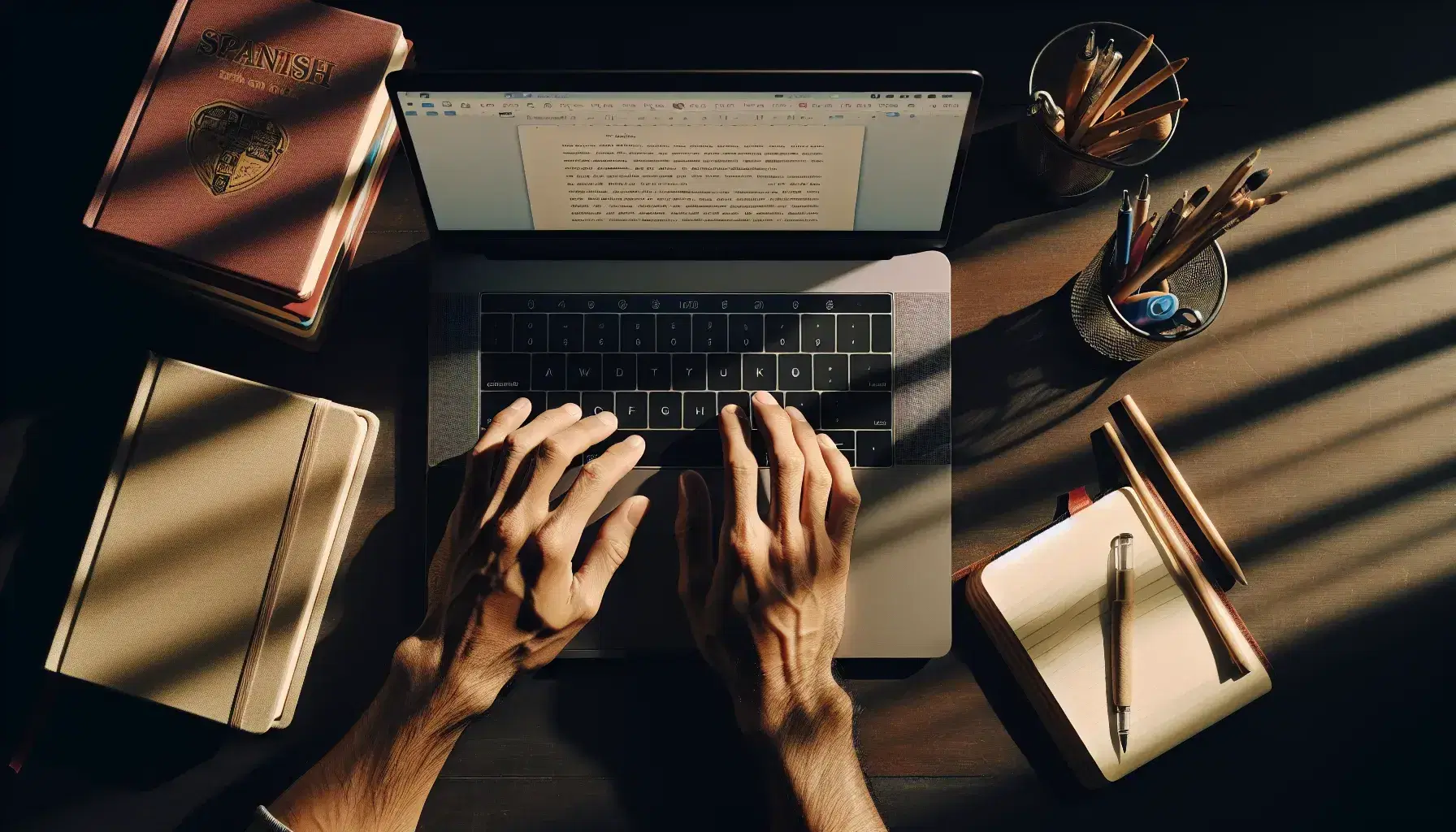 Close-up view of South Asian hands poised to type on a laptop with Spanish textbooks, a glass of pens, and an open notebook on a wooden desk.