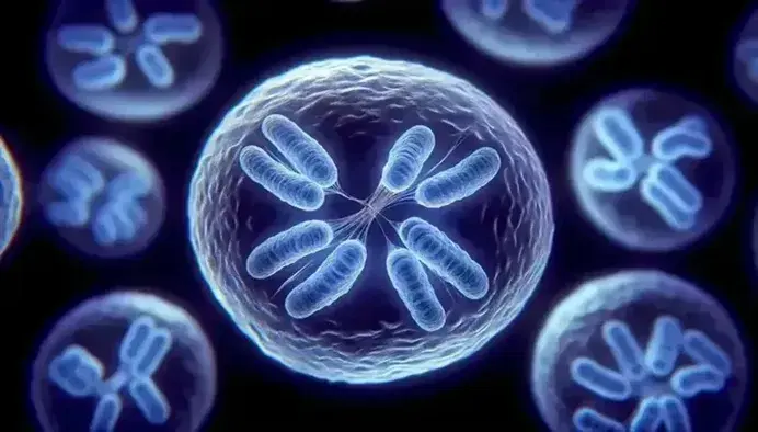 Cell undergoing mitosis under the microscope, chromosomes aligned in metaphase highlighted in blue on a light background, other cells visible.