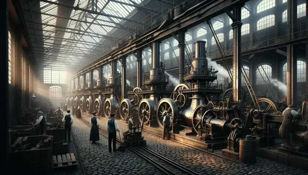 Escena de una fábrica del siglo XIX durante la Revolución Industrial con máquinas de vapor, trabajadores vestidos de época y luz natural filtrándose por ventanas grandes.
