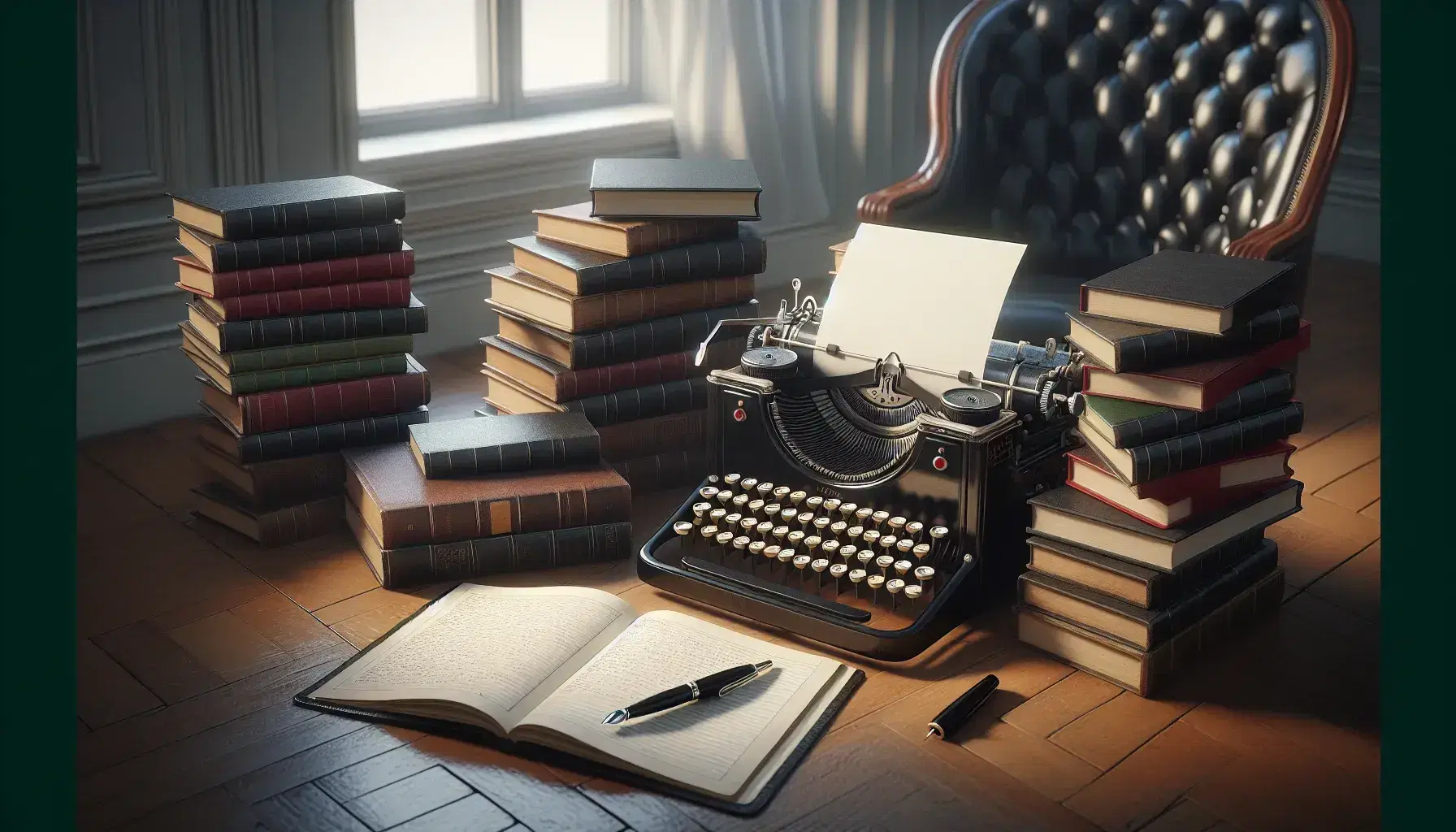 Macchina da scrivere vintage nera con tasti avorio su scrivania in legno scuro, accanto a libri colorati e penna stilografica su quaderno aperto.